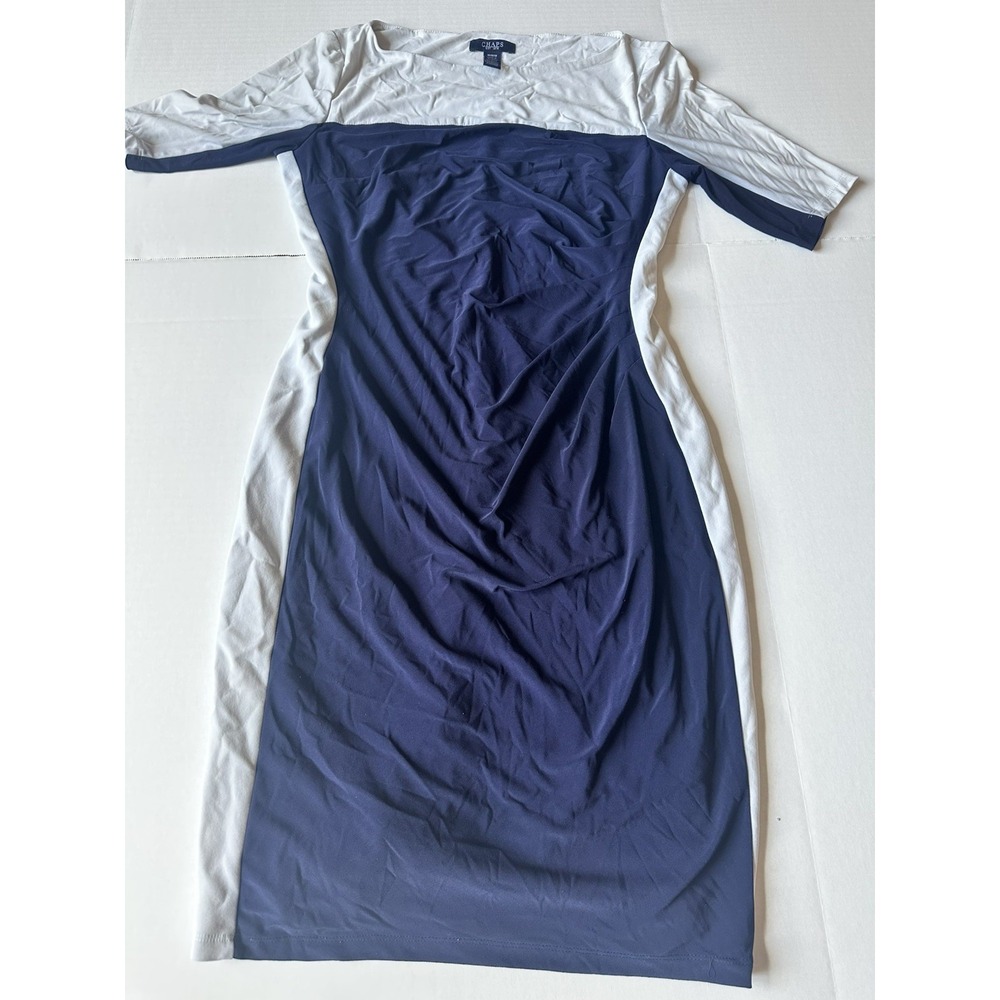 Chaps Colorblock Sheath Dress Navy Blue Gray Ruched Boat Neck Womens Medium - Picture 9 of 9